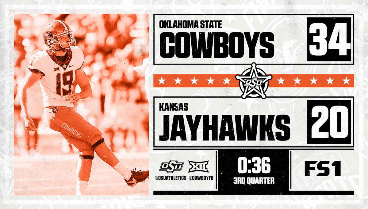 CowboyFB's tweet photo. 25-yard field goal by Ben Grogan gives #OKState a 34-20 lead late in the 3rd. https://t.co/U1lqr82qZb