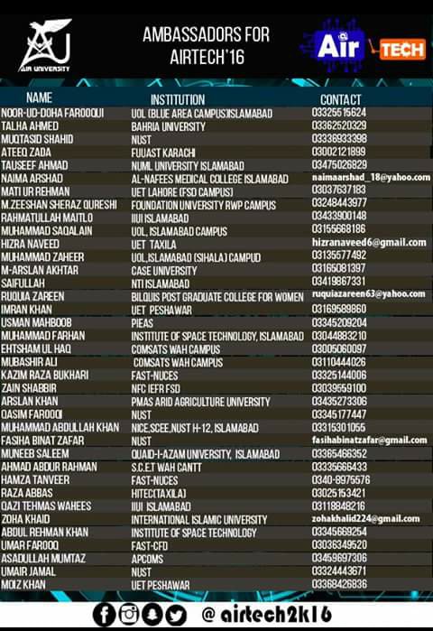 airtech2k16's tweet photo. Here's the list of selected ambassadors for AirTech'16
Contact your respective university ambassador for info and registration
#AirTech16 https://t.co/cfNT31YitH