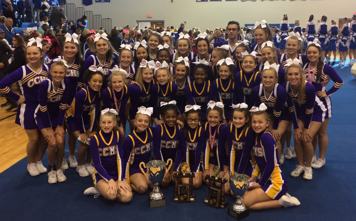 #CCHS and #CCMS Cheerleaders displaying their gear after a successful competition at Nicholas Co. HS. @CCSchoo1s @CamelPride