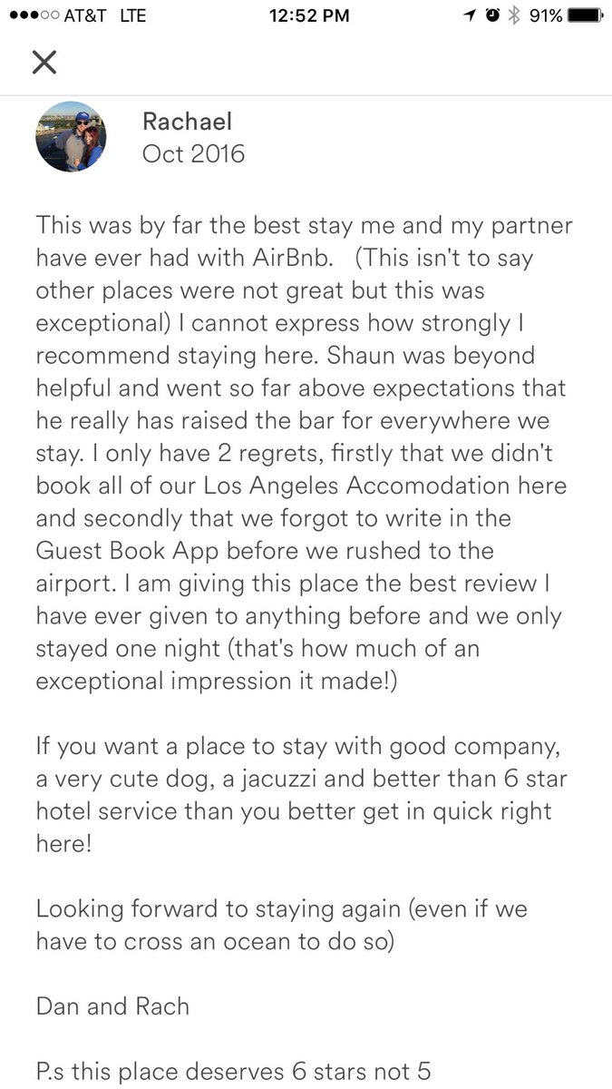 smirvin's tweet photo. It's reviews like this that make me love being an @Airbnb host. #LiveThere #BelongEverywhere #AirBnbHost #Review #Travel #SleepHere https://t.co/hufog1IiRw