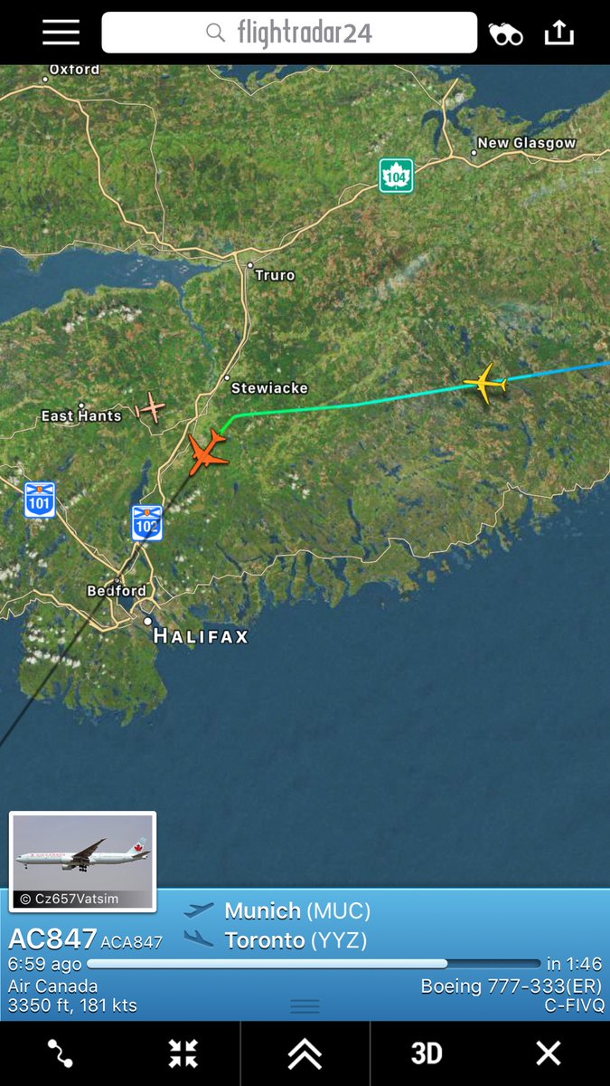 NikPhillips666's tweet photo. Air Canada #AC847 to Toronto is diverting to Halifax - cause unknown https://t.co/rte290WK8O