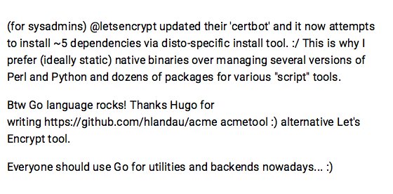 K3A_me's tweet photo. (for sysadmins) @letsencrypt updated their 'certbot' and it now attempts to install ~5 dependencies via.. https://t.co/U7seggYYZM