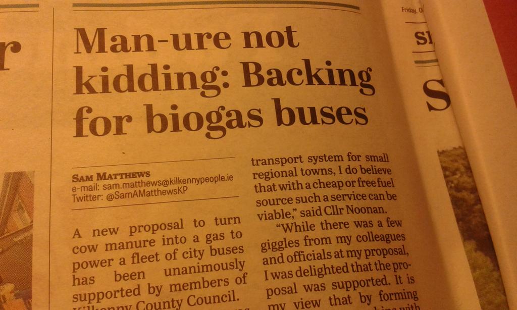 MalcolmNoonan1's tweet photo. My proposal for a  cow pooh powered #biogas bus service in #kilkenny mooves a step further @greenparty_ie @AnTaisce https://t.co/V1JWkiLFYT