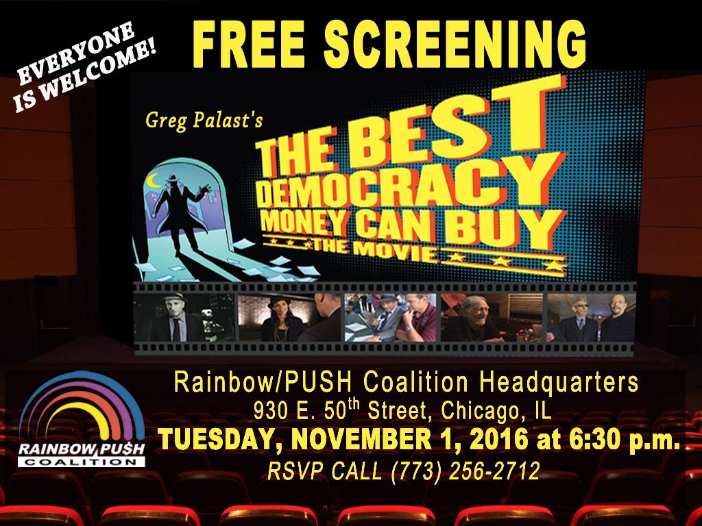 RevJJackson's tweet photo. JOIN US!FREE screening of @Greg_Palast's #TheBestDemocracyMoneyCanBuy &amp; #AfterPanel w/MODERATORS @SantitaJ &amp; @CliffKelleyWVON Tues.11.1 6 https://t.co/k6aPwQnTtm