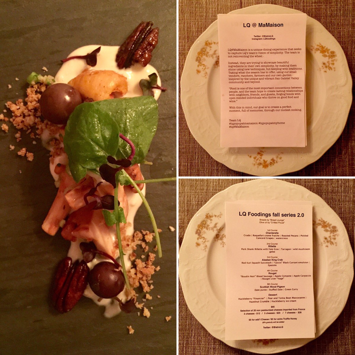 uncouthgourmand's tweet photo. First of sixth course at @lqfoodings #MaMaison #SupperClub: #Chantrelles #Crudo #Roquefort #CremeFraiche #RoastedPecans #Watercress https://t.co/AIR7gL3php