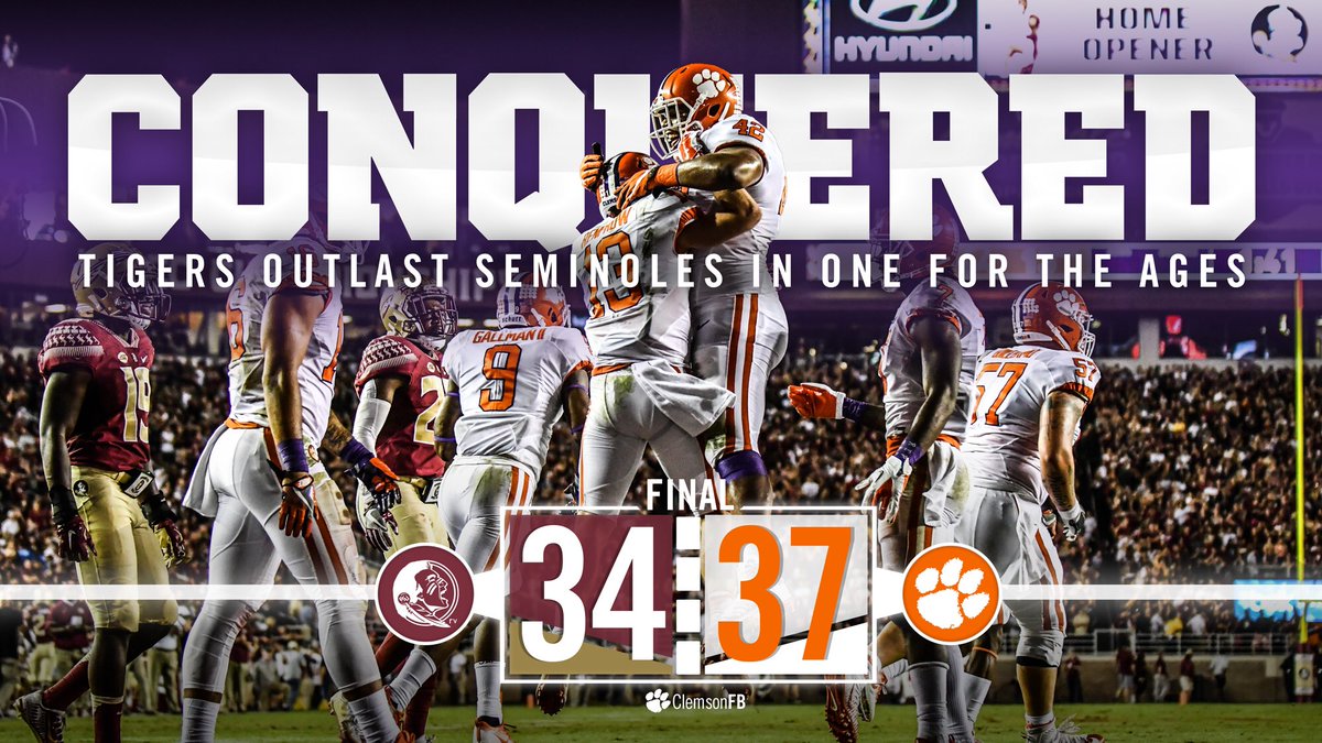 ClemsonFB's tweet photo. CLEMSON WINS!!! 🐅🐾 https://t.co/iOLbNwh8Nf