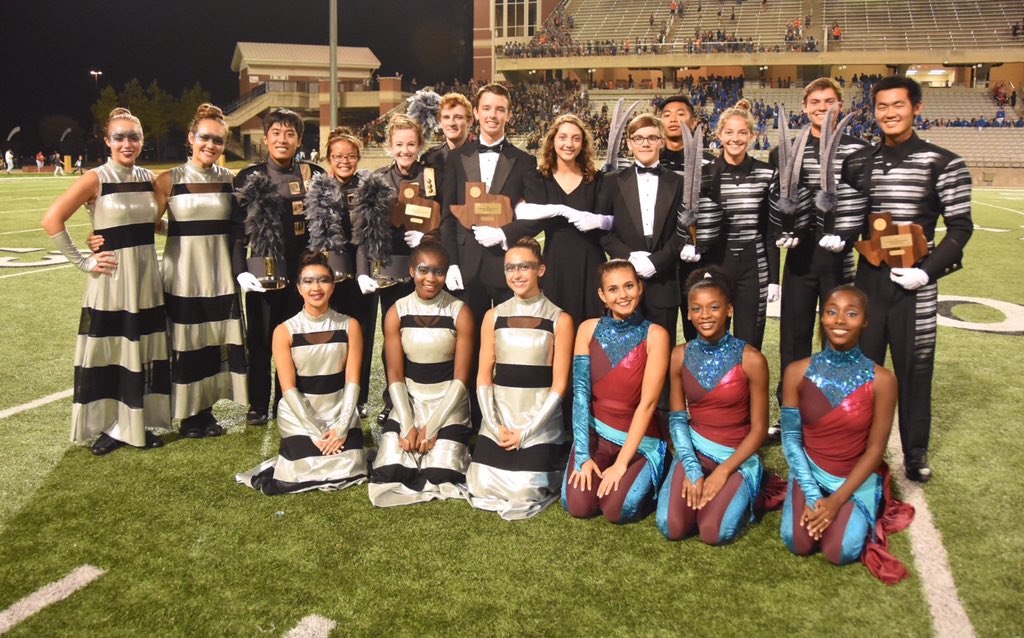 Drum majors from <a href="/CyFairBand/">CyFairBand</a>, <a href="/CFGEMB/">Cypress Falls Band</a> &amp; <a href="/BandLobo/">Langham Creek High School Band</a> celebrate after all 3 were announced as #uilstate qualifiers!