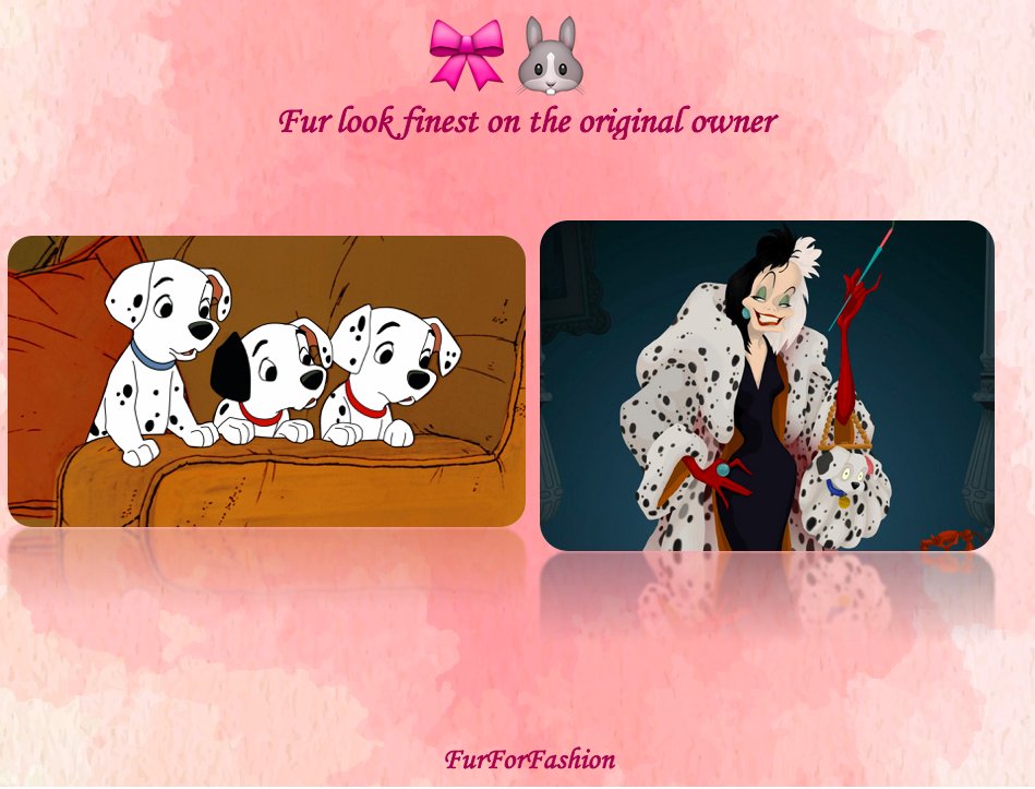 FurForFashion's tweet photo. Don't be like Cruella de Vil 🙅🏻🎀🐰#FurForFashion #AnimalCruelty #Vegan #Animals #BloodFashion #EthicalFashion #Disney #101Dalmations https://t.co/5bAukure1m