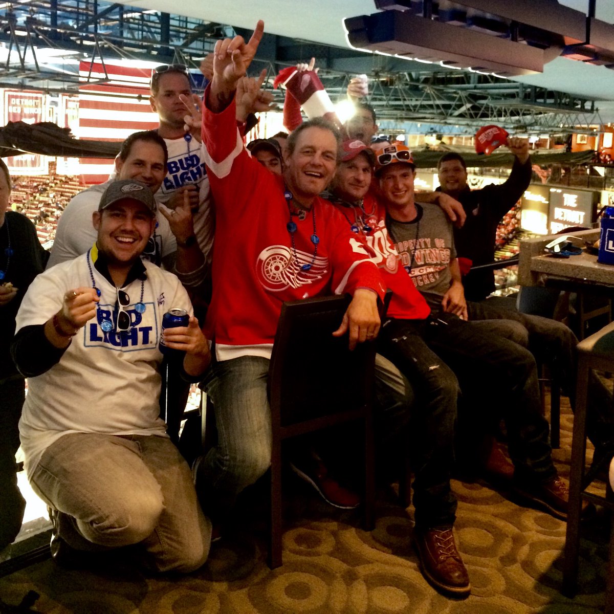 DetroitRedWings's tweet photo. Darren McCarty and his crew have taken over the @budlight suite! Want to come party? Tweet your seat with #BLTakeover to join! (21 and up) https://t.co/sMqOwq7TEG