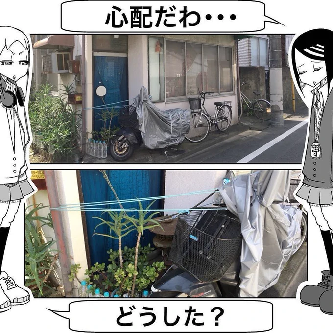 【今日の心配中毒】
原付バイク
ヒモで結んでおく
盗難対策
#サンデーうぇぶり
#心配中毒
#心配だわ…
#どうした？
#案外ヒモでイケちゃうのかしら…？
#やめとけ
#この前も自…  