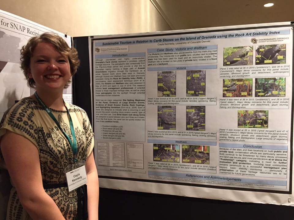 caseallen's tweet photo. Congrats to @CUDenver undergrad Cayla Kennedy: 2nd place poster at regional #AAG2016! #fieldwork #Grenada #petroglyphs #RockDecay https://t.co/S0cu35xmdS