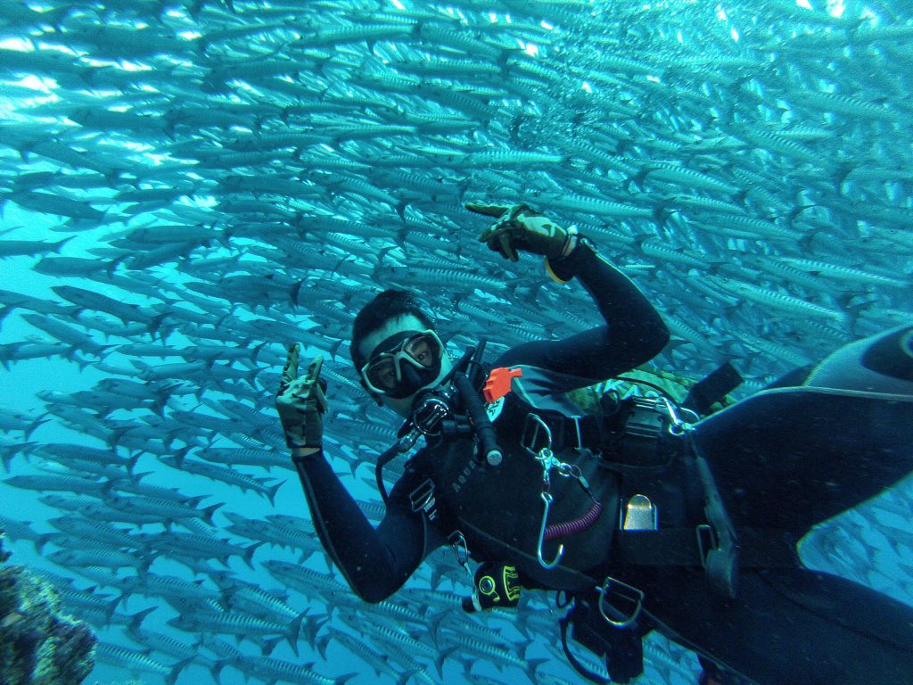 Rikasharsa's tweet photo. So grateful to witness thousands of schooling barracudas all around me #mtmaderawan #xdeep #xdeepindonesia https://t.co/TlQNxK2owc