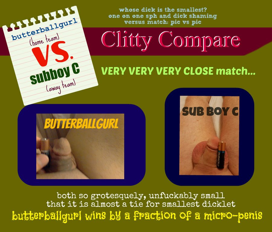 MixtrixFix's tweet photo. #ClittyCompare who has a lamer micropenis? @butterballgurl versus @subbyC1 
this is a VERY close one, but easy to see they're BOTH faildicks https://t.co/kPMa2wfuv8