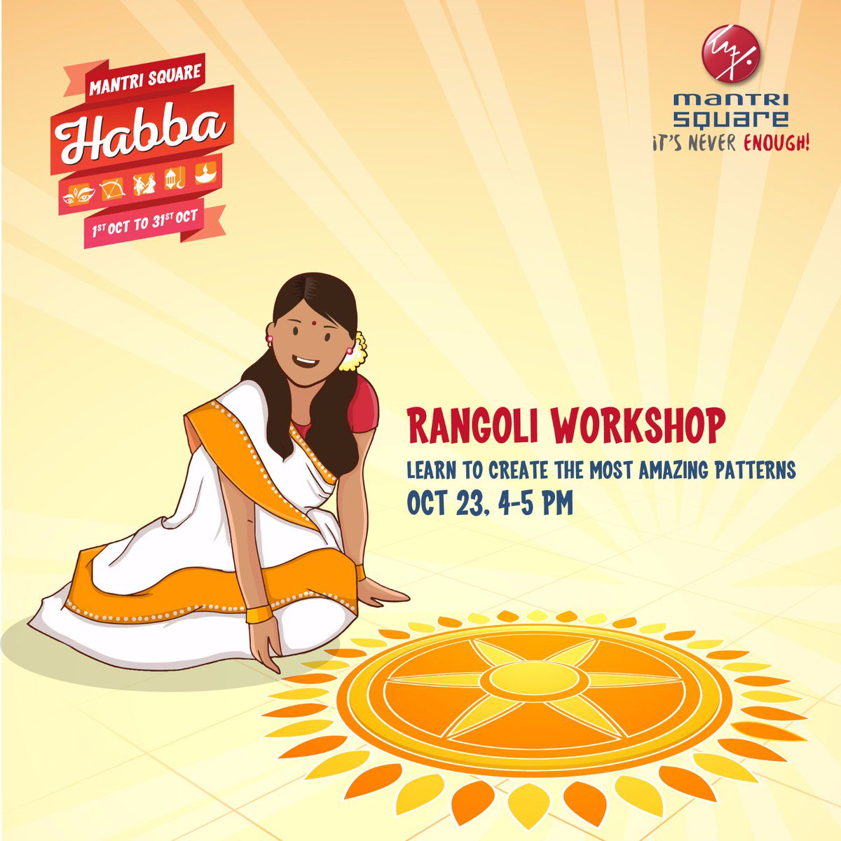 MantriRetail's tweet photo. Learn the fine art of #Rangoli this #Habba.
#RangoliWorkshop at #MantriSquare
#SALE #Shopping #Festive #Diwali #Colours https://t.co/VRpWfsg0Kq
