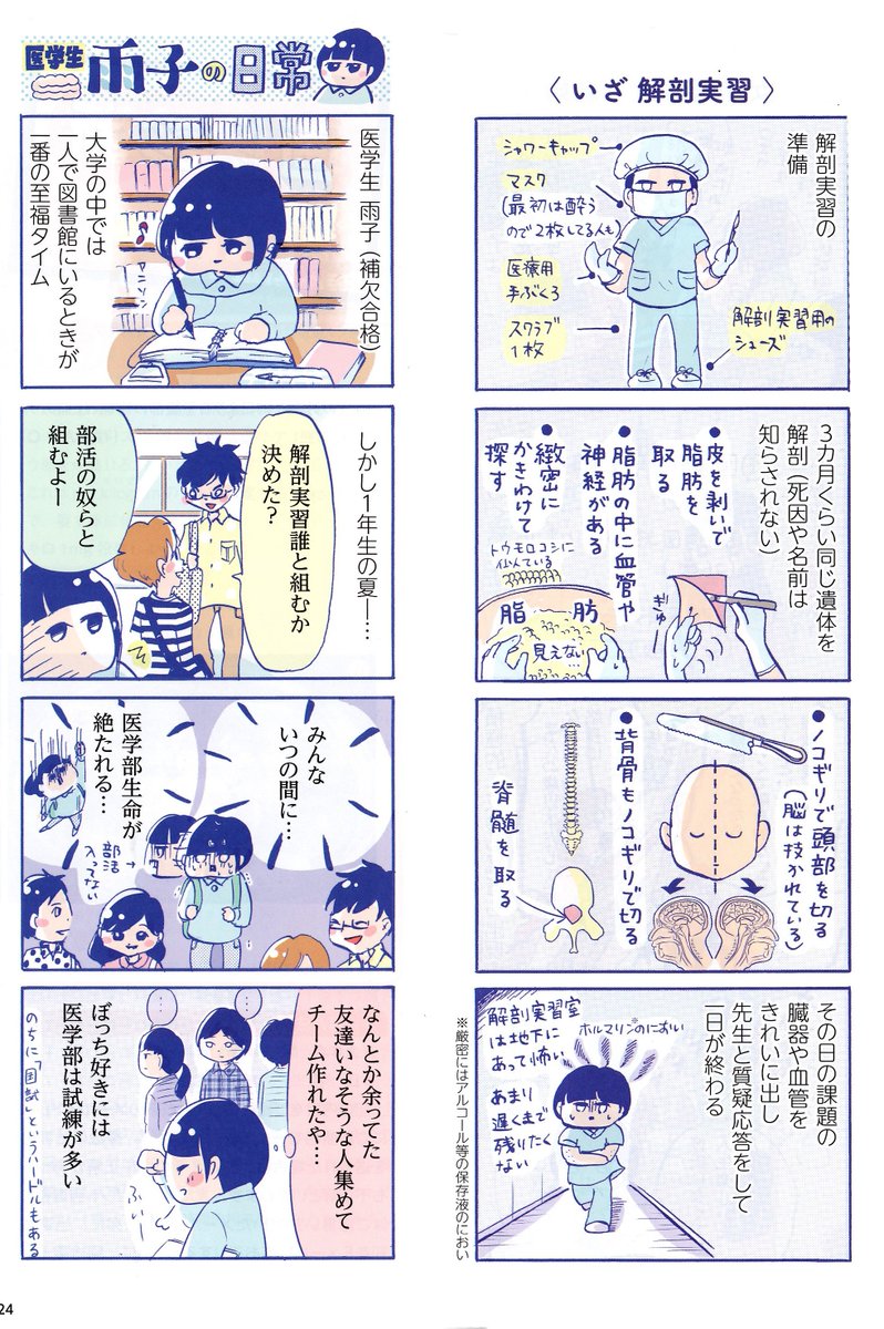 医学生向けフリーペーパー(医学教育出版社さん「KOKUTAI」
)で医学生4コマを書きました。
機会がありましたらご覧ください。解剖は興味深かったです。 