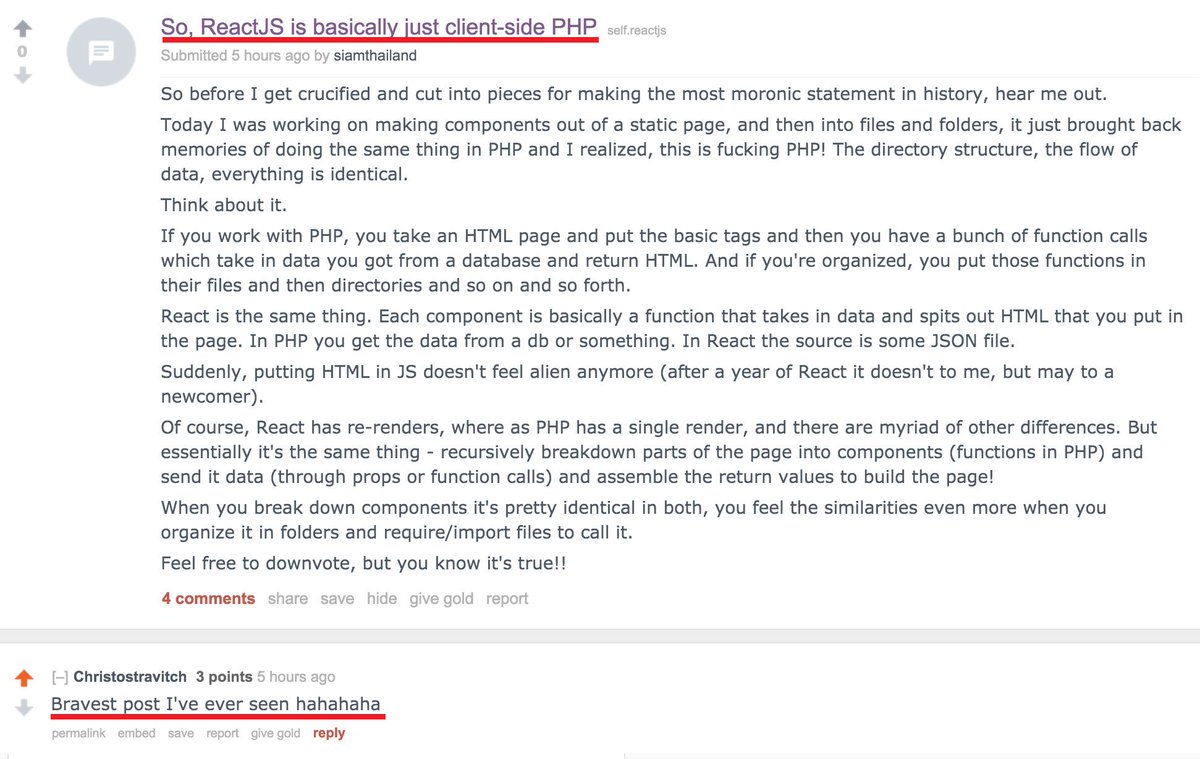 viatsko's tweet image. The bravest post in #reactjs subreddit 😅 &quot;So, ReactJS is basically just client-side PHP&quot;