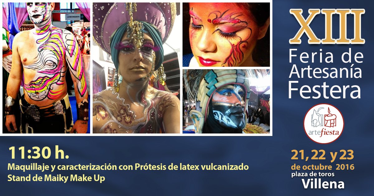 11.30 - Maquillaje y caracterización con Prótesis de latex vulcanizado - Stand Maiky Make Up
#Artefiesta16 
 <a href="/MarcaVillena/">Marca Villena</a> <a href="/TurismoVillena/">Turismo Villena</a>