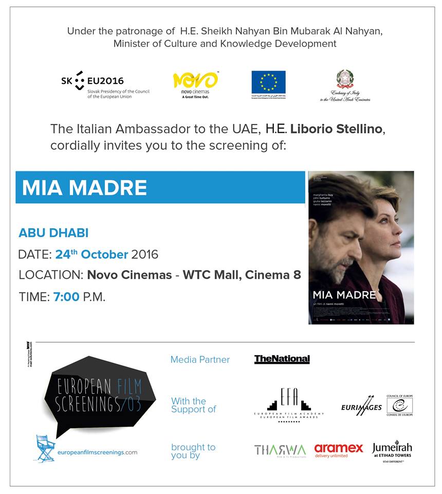 ItalyinUAE's tweet photo. You are invited on 24/10 at 7pm to the screening of #NanniMoretti's "Mia Madre" ! #EFS03 #fortheloveofcinema #europeancinema https://t.co/WEDLe4N3V3