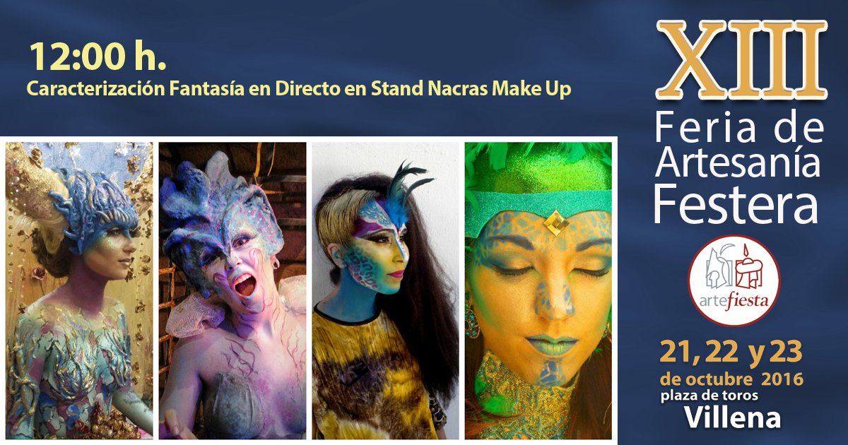 12:00 - Caracterización Fantasía - Stand Nacras Make Up.
bit.ly/ARTEFIESTA2016…
#Artefiesta16 #Villena 
<a href="/MarcaVillena/">Marca Villena</a> <a href="/TurismoVillena/">Turismo Villena</a>