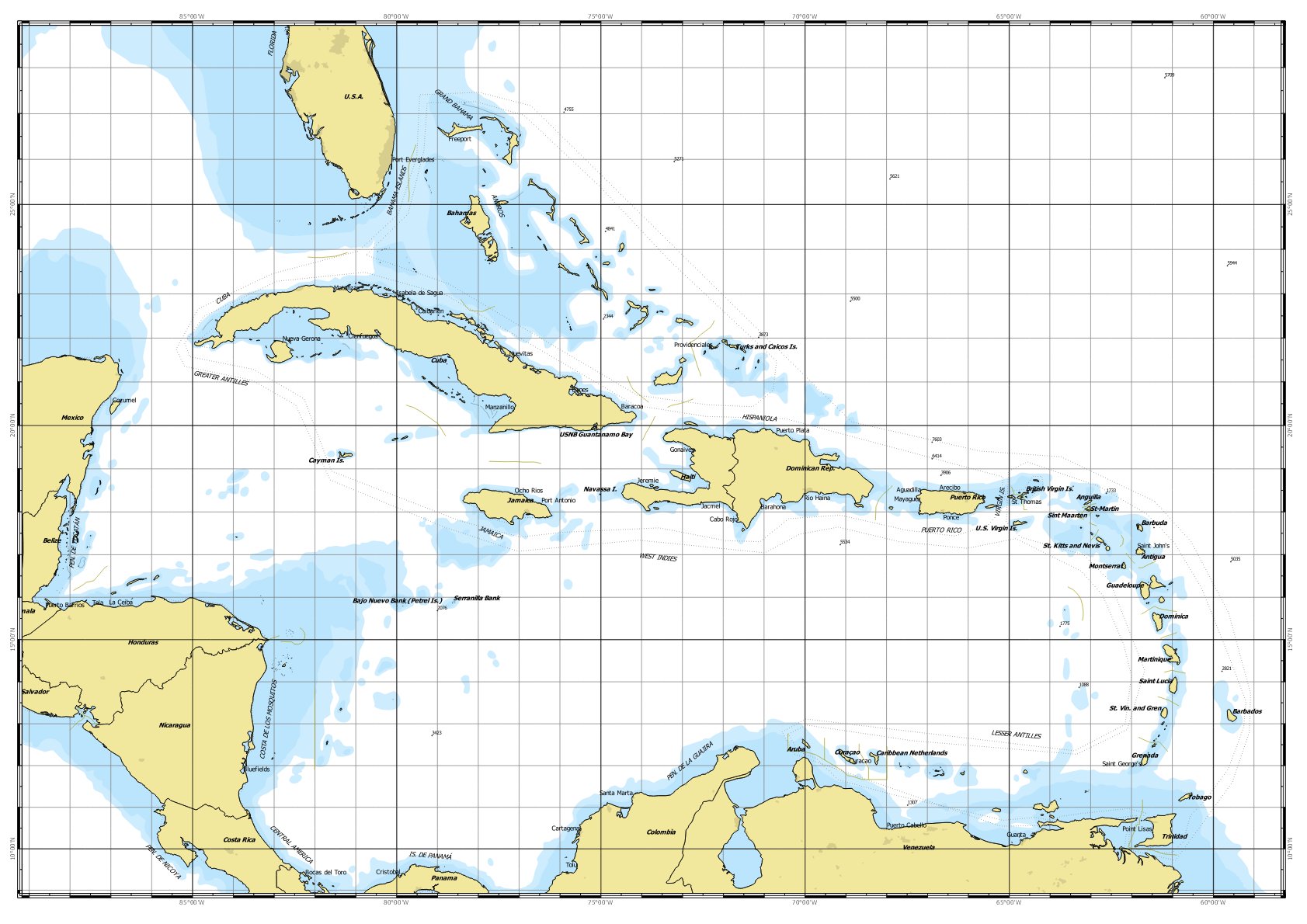 Map Of The Caribbean Showing Lines Of Latitude And Longitude - Spring