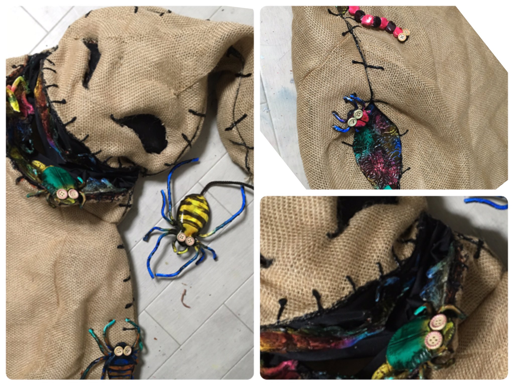 みづき ハロウィンの思い出編集 ナイトメアビフォアクリスマス ブギー んでさっきのカラフル虫さん 何に使うかというと この方の ブギーの親分のいろんなとこからはみ出す虫 ただの麻袋じゃつまらないかなーと 妹が着てくれます 笑 ブギー