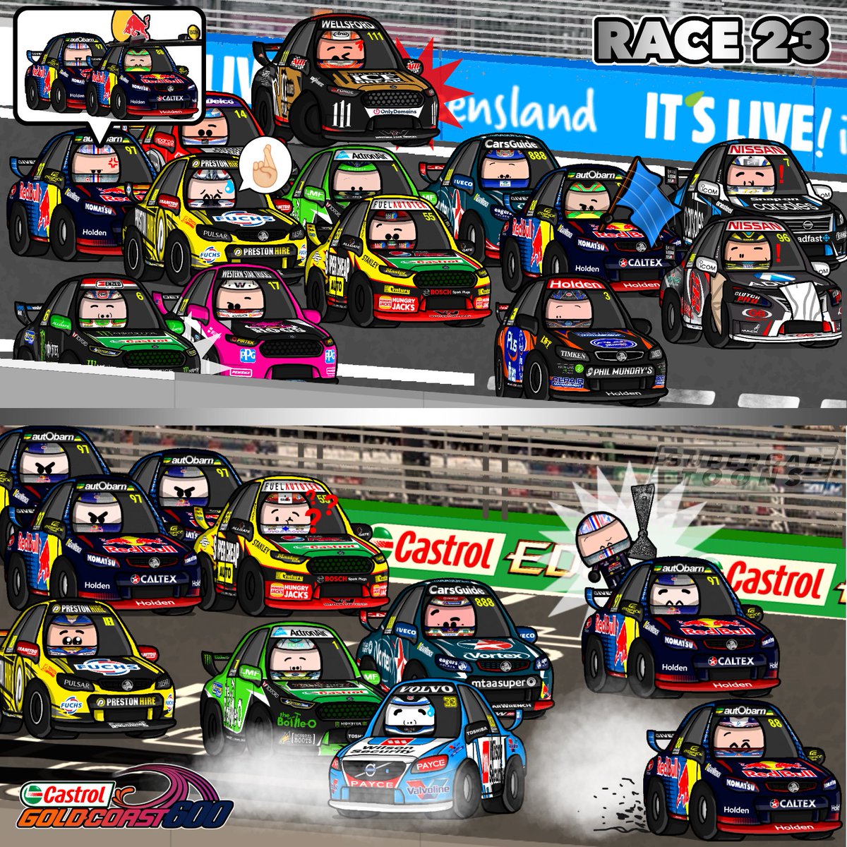 Supercar_Toons's tweet photo. The championship battle was red hot at Surfers with the boys from @redbullracingAU picking up a win a piece #VASC #GoldCoast600 https://t.co/bYj76liMpm
