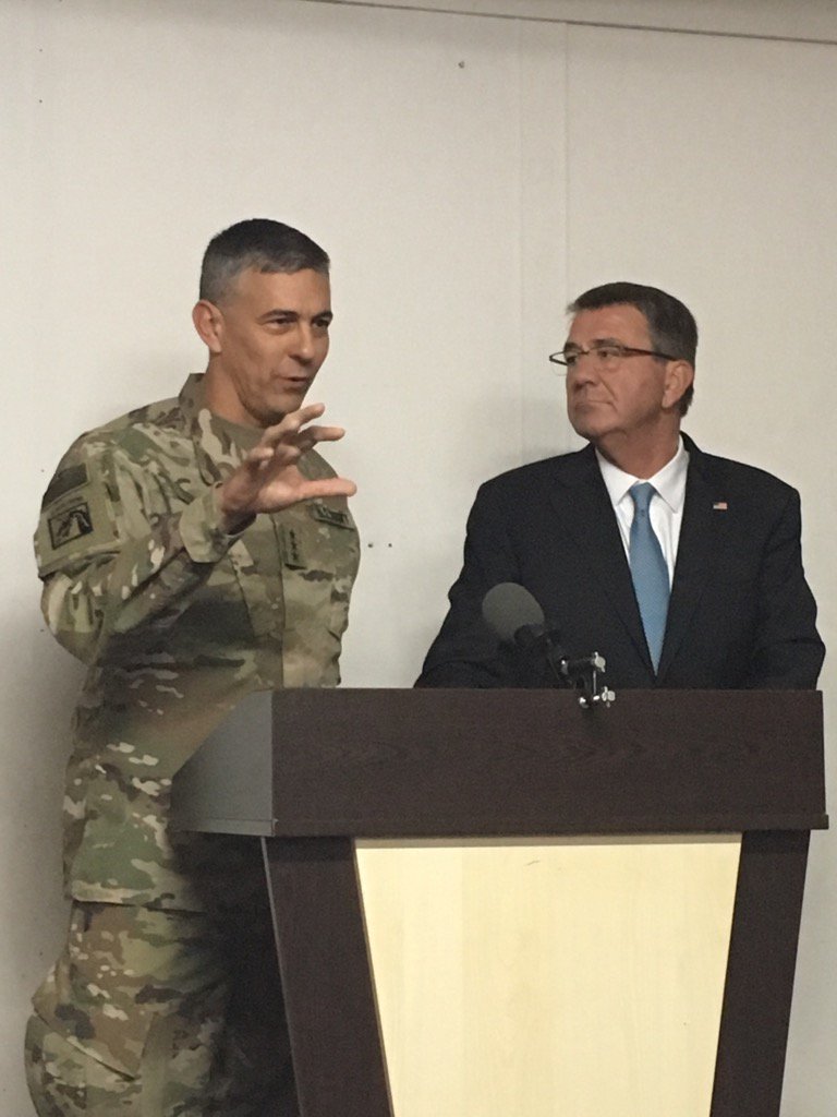 lbaldor's tweet photo. LTG Townsend, top US commander in Iraq, and SecDef Carter talk to press in Irbil about Mosul fight https://t.co/FWQKIKlIa6