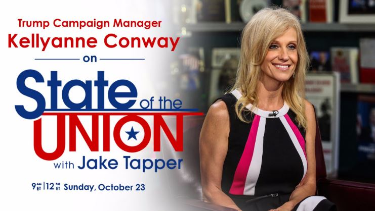 CNNgo (@cnngo) on Twitter photo AHEAD on #CNNSOTU: #Trump Campaign Mgr. <a href="/KellyannePolls/">Kellyanne Conway</a> joins <a href="/jaketapper/">Jake Tapper π¦
</a> to discuss the 2016 race. Watch <a href="/CNN/">CNN</a> cnn.it/go AHEAD on #CNNSOTU: #Trump Campaign Mgr. <a href="/KellyannePolls/">Kellyanne Conway</a> joins <a href="/jaketapper/">Jake Tapper π¦
</a> to discuss the 2016 race. Watch <a href="/CNN/">CNN</a> cnn.it/go
