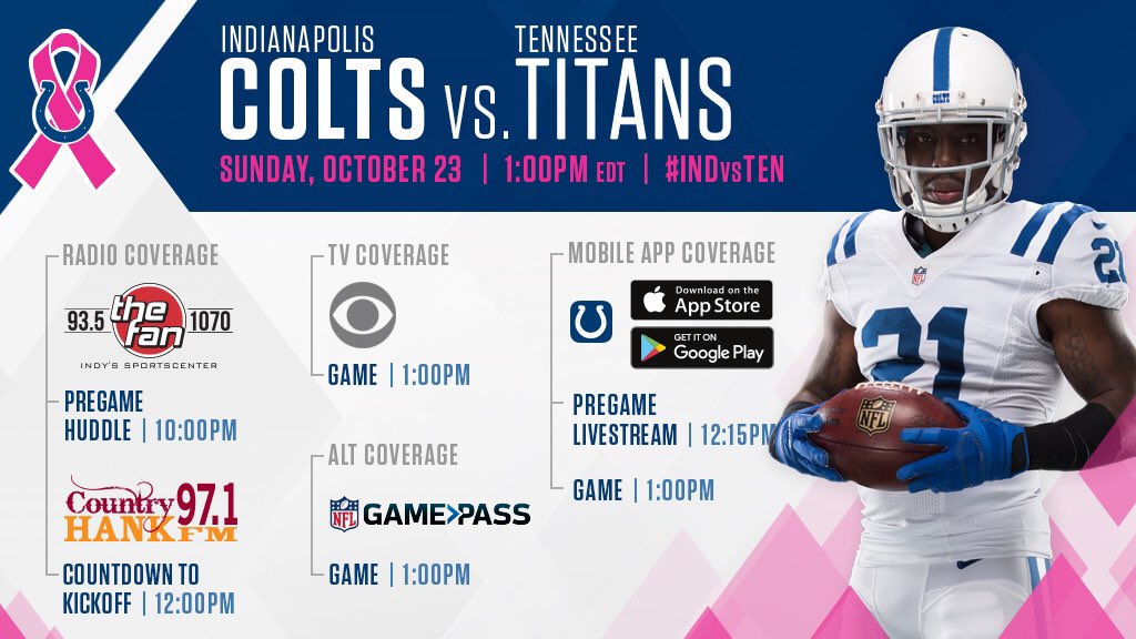 Where To Watch #INDvsTEN:  Local Fans 📺 @CBS4 Game Pass 📱💻 indcolts.co/GamePass Pregame 📲 Colts Mobile App https://t.co/lfTQ3rwM5X