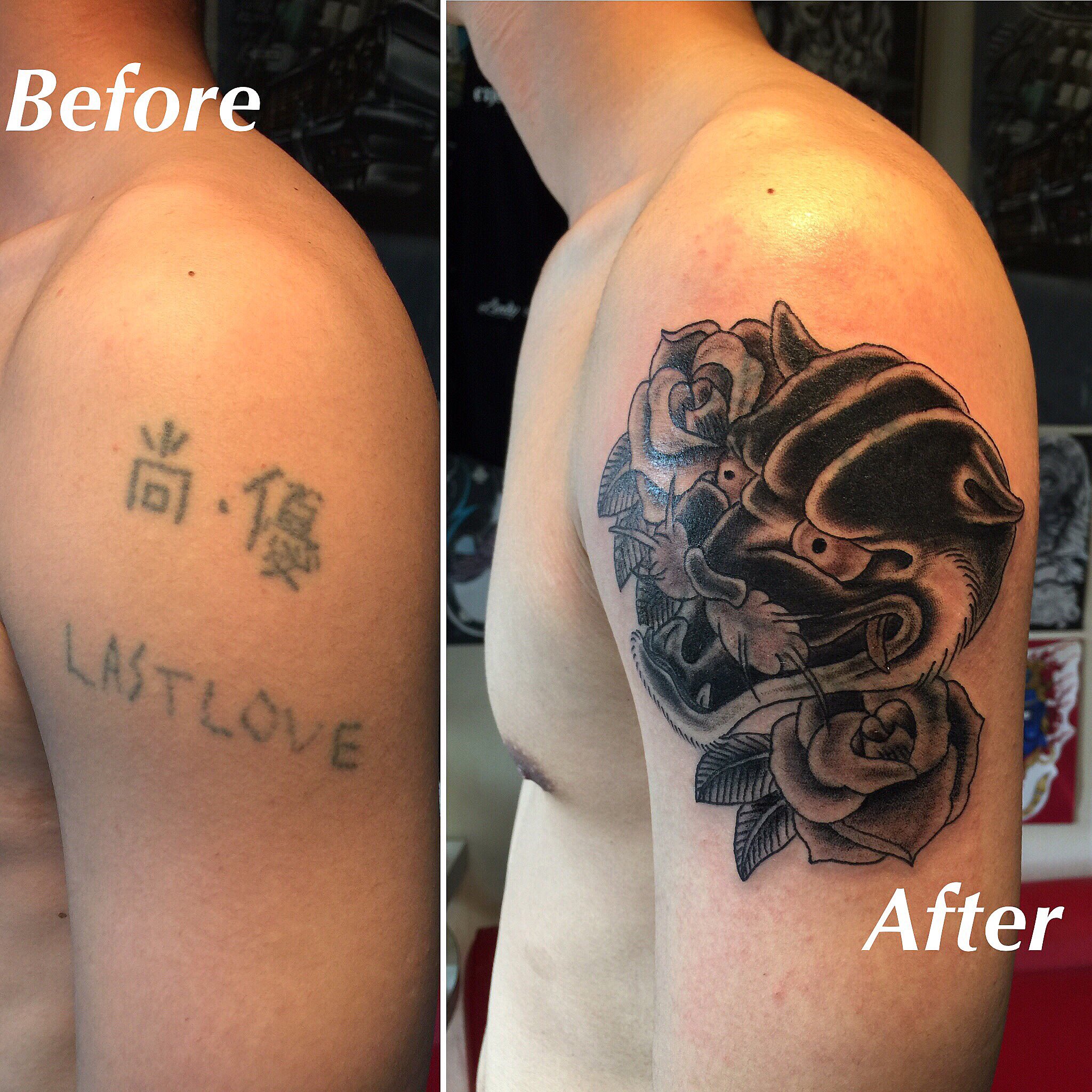 2face Tattoo Studio ご新規さん男性の腕をブラックパンサーとバラのアメリカンタトゥーでカバーアップしました 刺青 タトゥー Tattoo カバーアップ Coverup ブラックパンサー バラ アメリカンタトゥー 千葉 木更津 聖針 2facetattoo