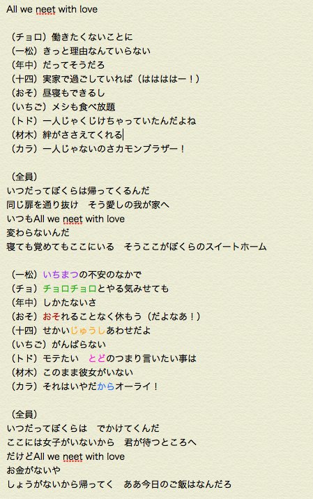 تويتر とみこ على تويتر 六つ子のエンディング All We Neet With Love が凄く好きなんだけど 舞台では聞き取れなかった歌詞が今日のライビュで聞き取れたので急ぎメモった 多少の聞き間違いと日替わりセリフのとこは流してください この 名前が歌詞に入ってるって