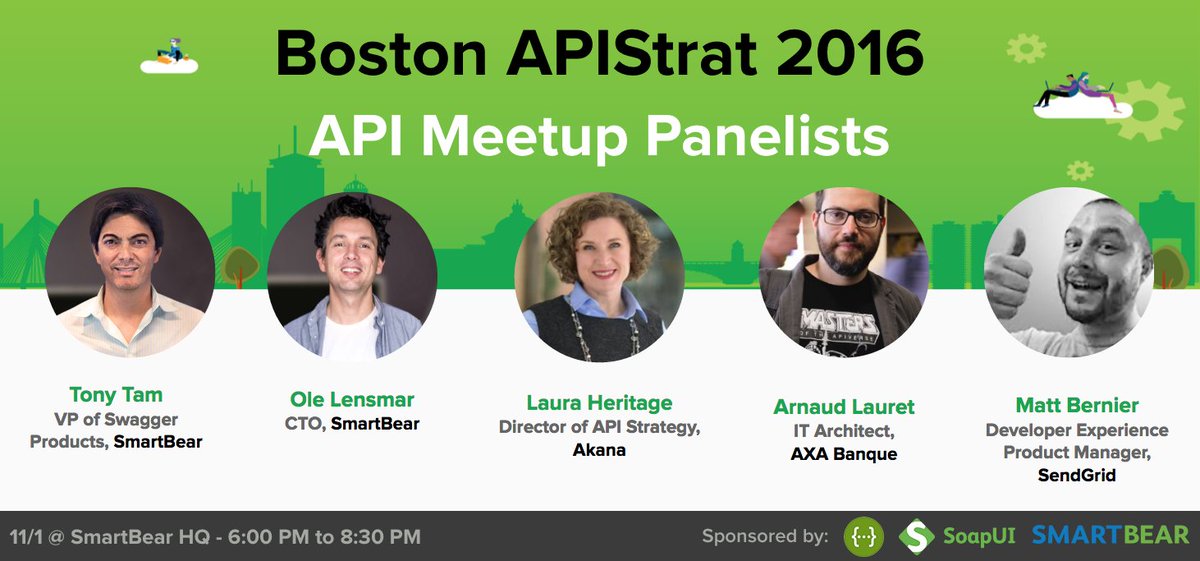 SmartBear's tweet image. Love APIs? Free on Tuesday 11/1 at 6PM? Stop by @SmartBearHQ to meet our awesome panel & discuss all things #API! buff.ly/2e63Shx