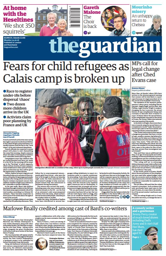 Image result for guardian front cover on calais