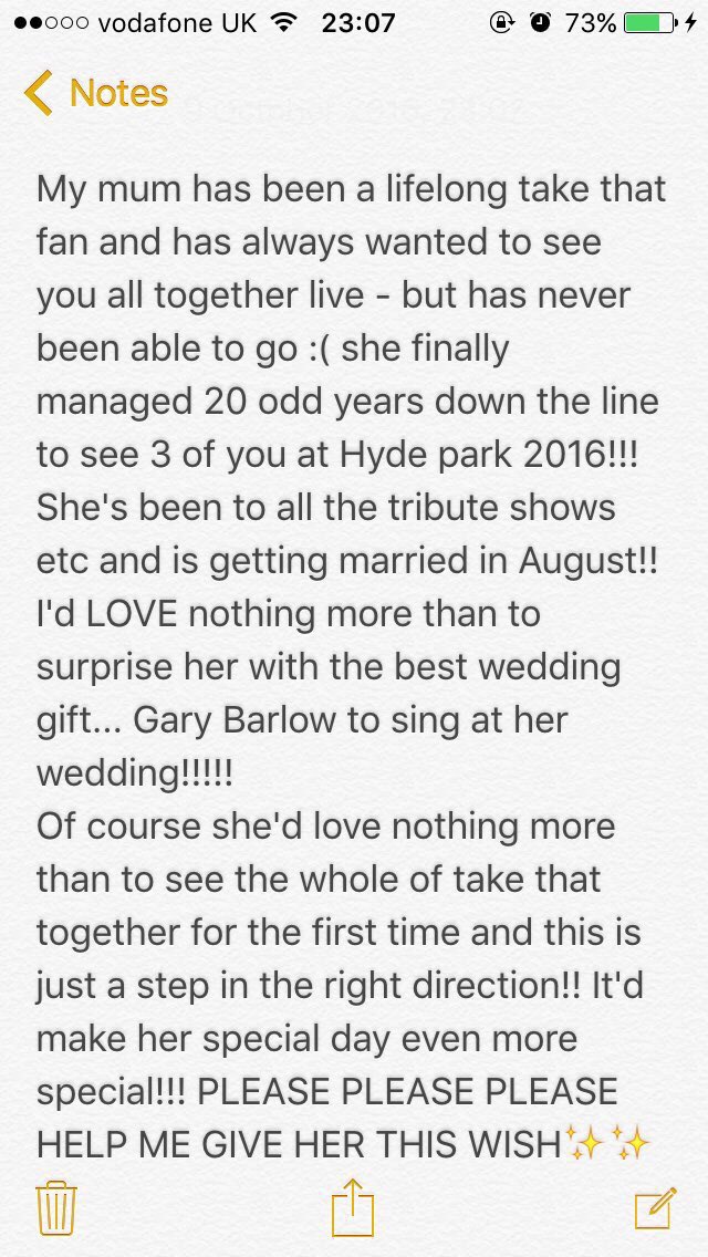 GaryBarlows's tweet photo. she's so excited to try and get tickets &amp; I won't stop until she gets them.... PLEASE READ. @GaryBarlow @HowardDonald @OfficialMarkO https://t.co/mO0j1Ic0GZ