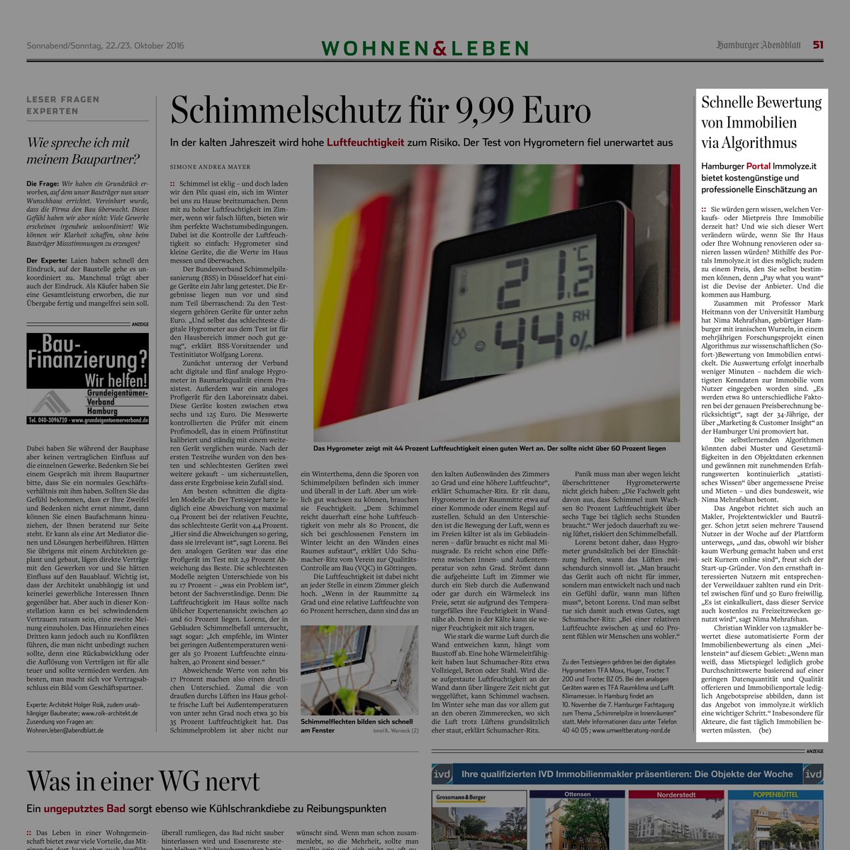 Neuer Artikel im <a href="/abendblatt/">Hamburger Abendblatt</a>: immolyze.it ist "Meilenstein" für die Akteure des #Immobilienmarktes! #Bewertung via #Algorithmen