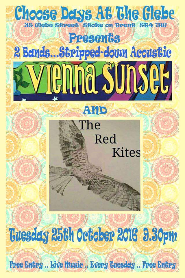 Tues 25th Nov <a href="/ViennaSunset/">Vienna Sunset</a> + <a href="/TheRedKites2016/">The Red Kites</a>  (James, Grant &amp; Nath acoustic) 9.30pm Free Entry #ChooseDays #Glebe
 facebook.com/events/6503395…