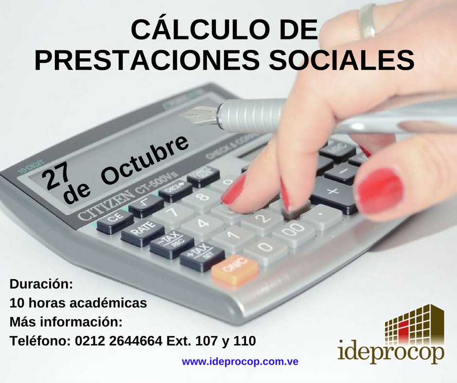 Ideprocop's tweet photo. Cálculo de #PrestacionesSociales 27/10/16 #Cursosyprogramasideprocop +Info: 0212-264 4664 Web: https://t.co/zMFBpBcP2Y https://t.co/6IxRCutTfy