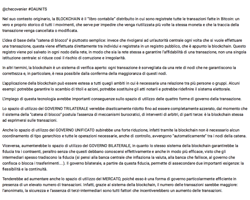 AstridTecchio's tweet photo. @checovenier #OAUNITS Nel suo contesto originario, la BLOCKCHAIN è il “libro contabile” distribuito in cui sono.. https://t.co/Feqy7its8b