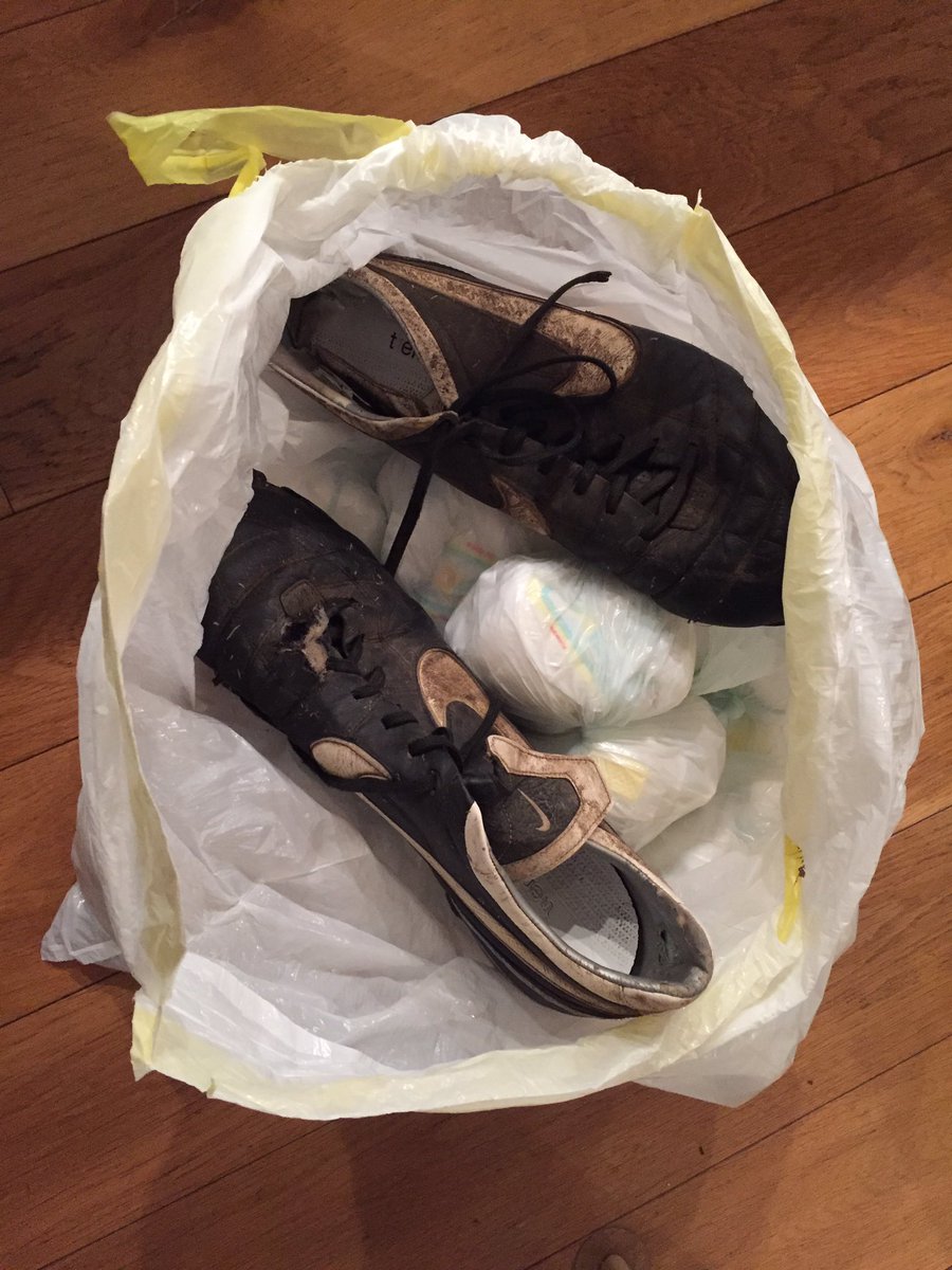 AFCBrasenose's tweet photo. Approx 100 dirty nappies and @christudor 's football boots. A bag o' shite. https://t.co/DzpeuA3UAZ