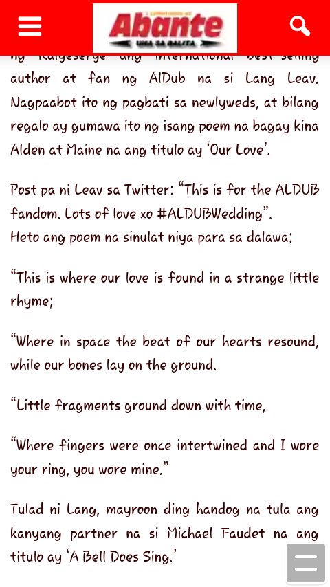 ofcnewscaster's tweet photo. OCT 24 2016
©ABANTE NI RUEL MENDOZA
ALDUB, SA EUROPE ANG 'HONEYMOON'!; GINAWAN NG TULA NG INT'L BEST-SELLING AUTHOR!
#ALDUBTPAnniversary https://t.co/vKwHkb5zha