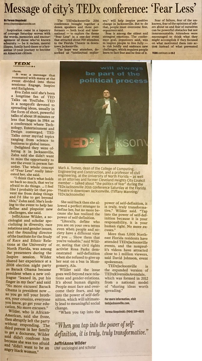 TEDxJAX's tweet photo. Check out Metro front page or @jaxdotcom for coverage of #TEDxJAX at @FloridaTheatre. #DTJax #onlyinjax #FearLessJax https://t.co/c9ktJXp9DW https://t.co/zvJAIKqfFQ