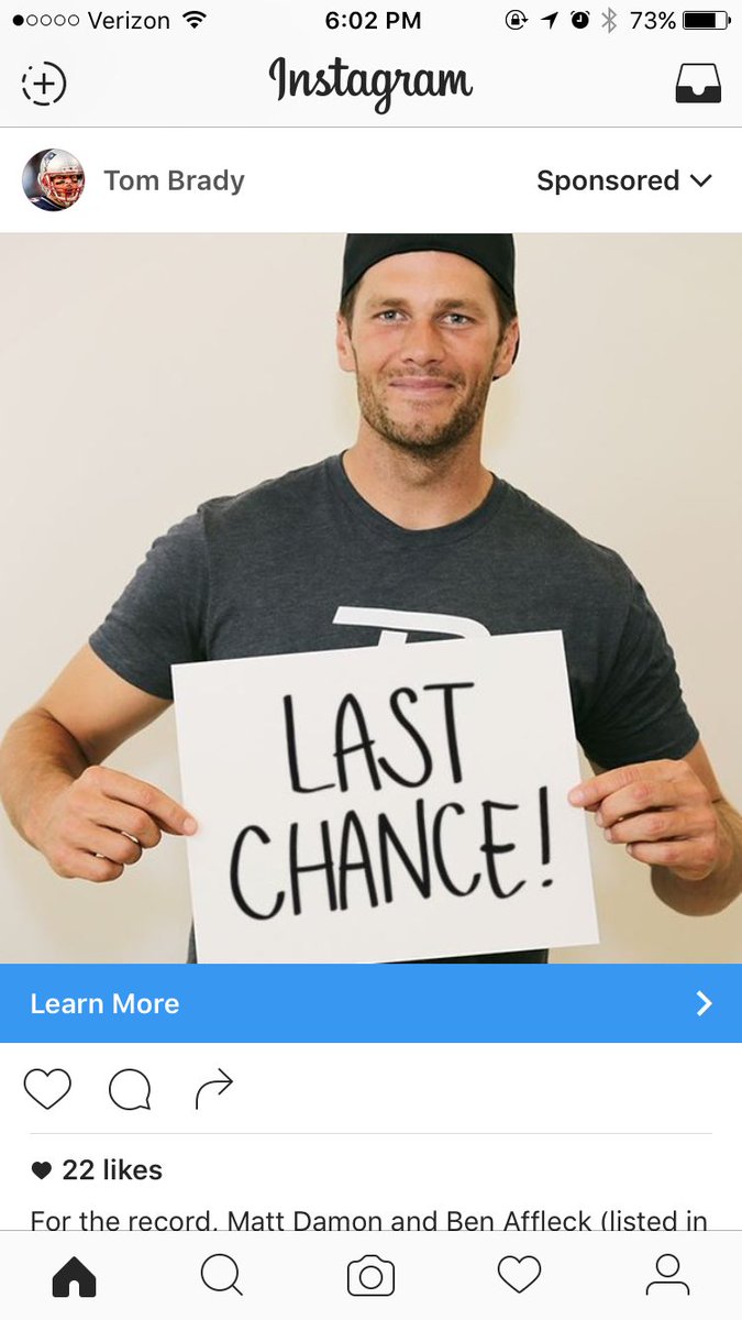 agaliney's tweet image. Oh @instagram whatever would make you think I want to see an ad with #TomBrady. #badanalytics #lastandonlychance