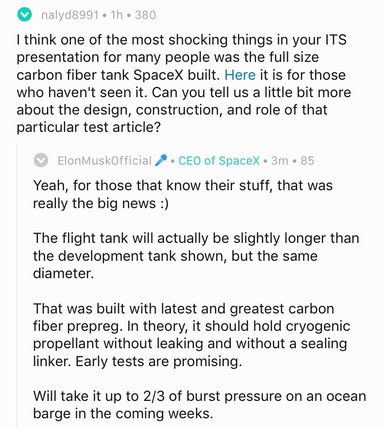 Elon Musk on SpaceX's carbon-fiber tank: "Yeah, for those that know their stuff, that was really the big news" redd.it/590wi9