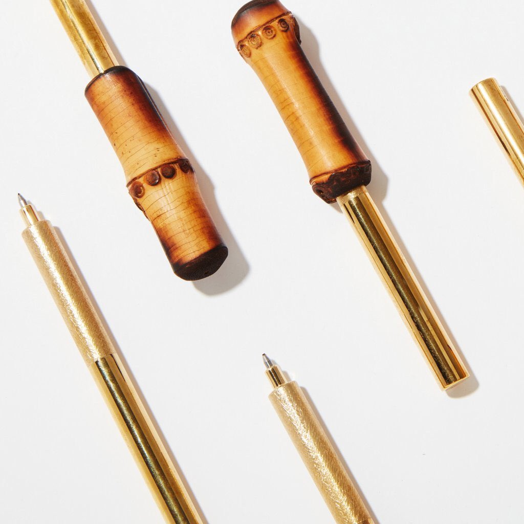 LeeWestDesign's tweet photo. brass &amp; cane pen by Lee West Objects x Carl Auböck workshop. Photo @florenttanet #fisherspacepen #bamboo #auböck #brass #modernist #edc https://t.co/Ga9NjfK8h9