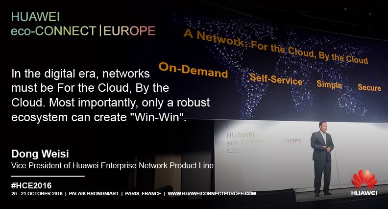 HuaweiNetworks's tweet photo. Huawei's executive Dong Weisi shared how enterprise’s network infrastructure could adapt with cloud at #HCE2016. https://t.co/Gu6Nbt5pPL https://t.co/zWq6FoFp3s