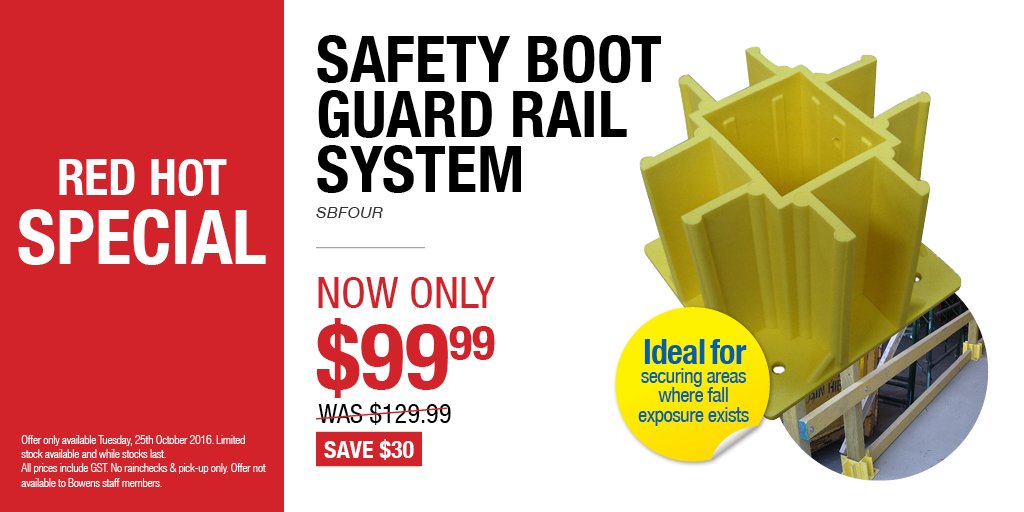 Bowensau's tweet photo. It’s a Red HOT Special this Choose-Day... Save on the Safety Boot Guard Rail System, ONLY $99.99 this Tuesday! https://t.co/t32Fq7z39U