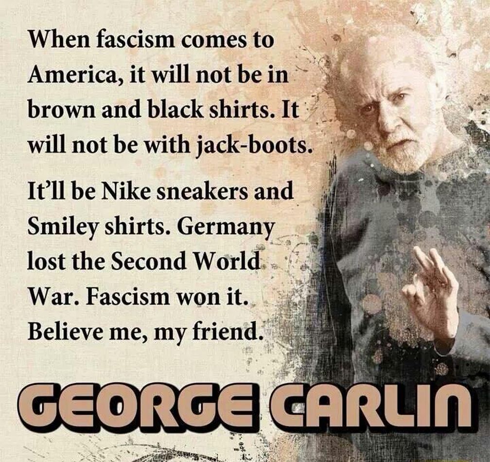 George Carlin Quote: “Good news for senior citizens: Death is near!”, image size:1008x949