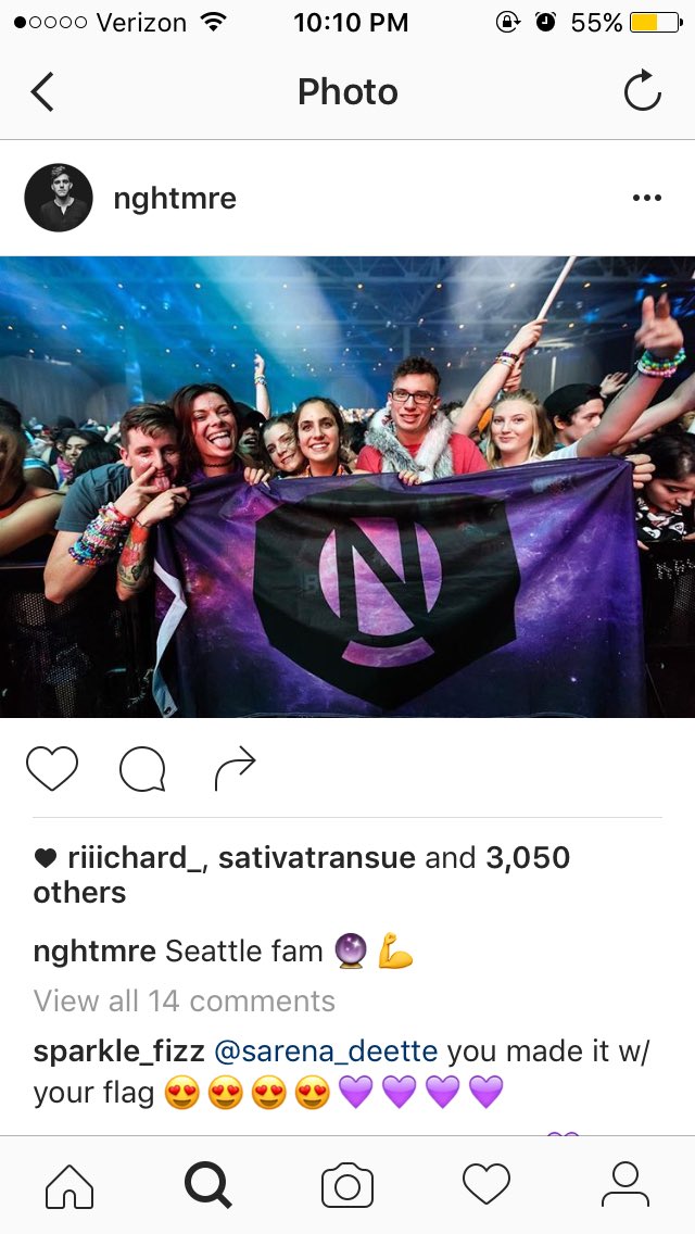 SarenaDeEtte's tweet photo. Me and my flag made it on @NGHTMRE Instagram. 🔮✨😭 Hopeful to meet you one day. You killed it like always last night. #SeattleFam https://t.co/BHoUw3lmNs