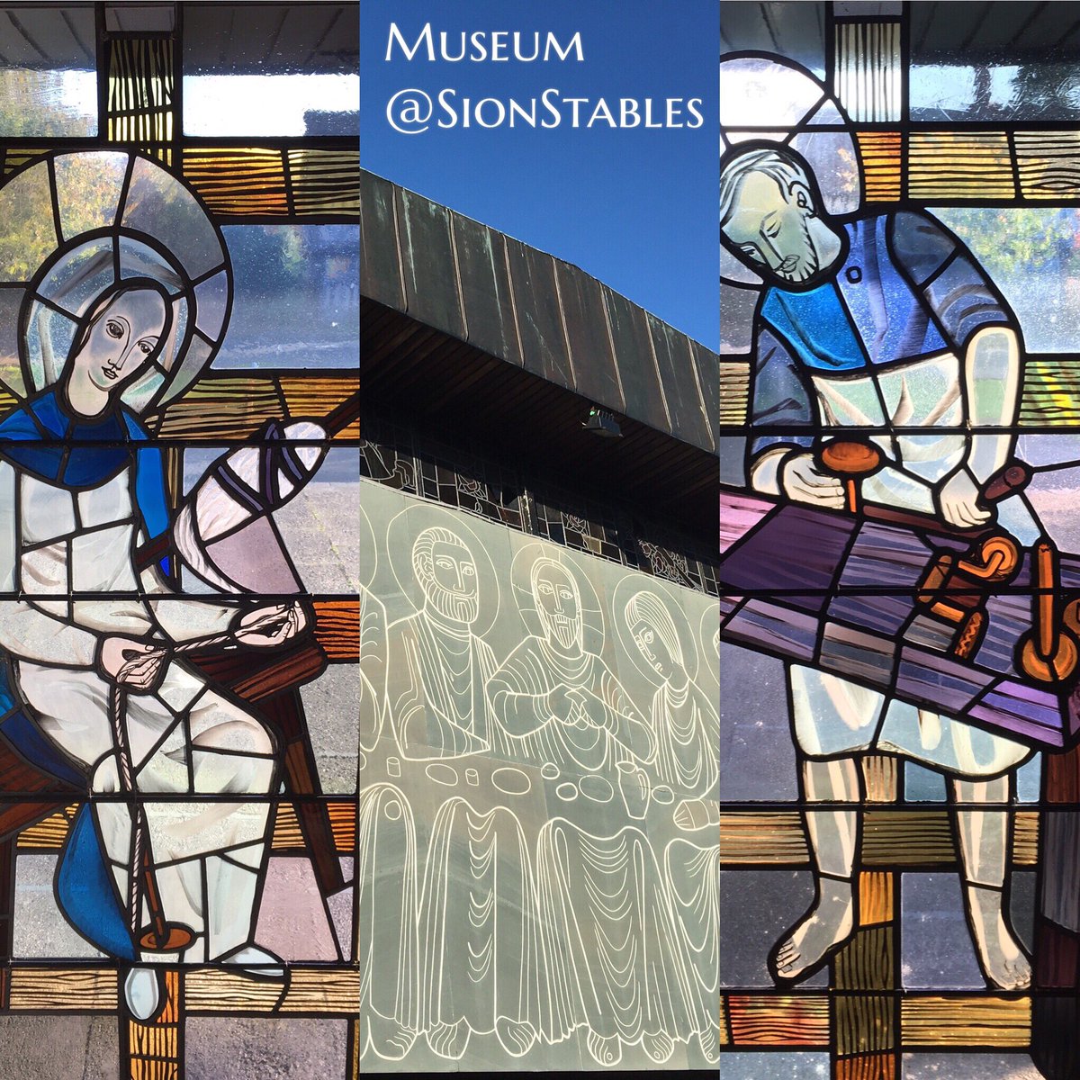 SionStables's tweet photo. Patrick Pollen's #StainedGlass at St Theresa's has a #irishlinen theme Mary spinning yarn  Joseph making bobbins. #art #heritage #sionmills https://t.co/ZrDkL985Gs