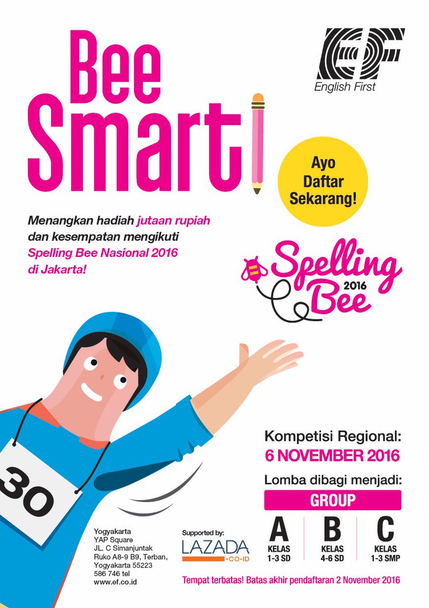 Ayo segera daftar kompetisi EF Spelling Bee,tempat terbatas!! More info: (0274)586746 <a href="/EFyogyakarta/">English First Yogya</a> Jl. C.Simanjuntak Ruko YAP Square A8-A9